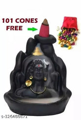 Handcrafted black Adi Shankara resin figurine of Lord Adiyogi, incense holder with 101 backflow scented cones. Indian artistry
