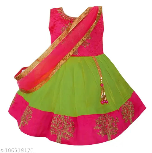 Green embroidered net satin party dress for kids, single size 6-9 months (bust size: 19 in, length size: 16 in)
