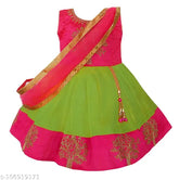 Green embroidered net satin party dress for kids, single size 6-9 months (bust size: 19 in, length size: 16 in)