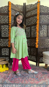 Green rayon plazzo with embroidered kurti set for kids - Indian kids' fashion, comfortable and embellished rayon slub clothing