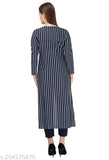 Navy blue striped cotton blend kurta set with shrug and pant, three-quarter sleeves, Indian origin