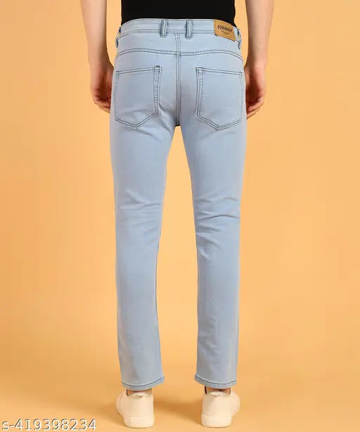 Sky blue polycotton slim fit jeans for men, size 28/30/32/34 (hip 36/38/40/42), India-made fashionable jeans on model
