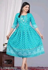 Sky blue rayon three-quarter sleeve buti print top, S (36in bust/36in length), India