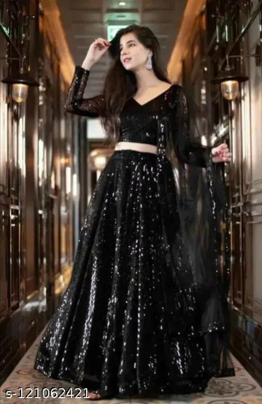 Embellished net lehenga-choli and dupatta set for Indian partywear, Bollywood style