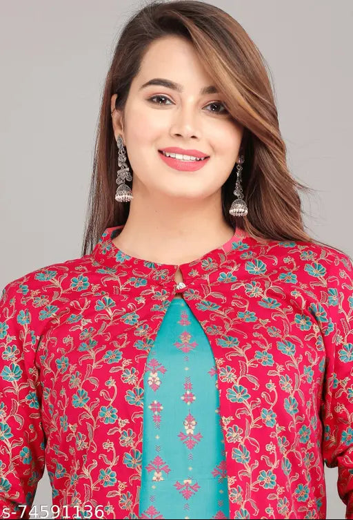 Rayon printed kurti with pink jacket, three-quarter sleeves, vibrant Indian ethnic wear