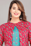Rayon printed kurti with pink jacket, three-quarter sleeves, vibrant Indian ethnic wear