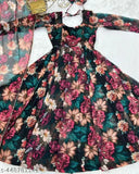 Premium black floral printed Georgette silk festival gown with dupatta, versatile and elegant for various occasions