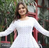 White rayon long-sleeved block-printed kurta dress with checked pattern, tassels, and latkan (decorative hangings) - Indian handcrafted gown for women in S, M, L, XL, XXL, XXXL sizes