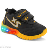 Stylish kids light Velcro black-yellow LED sports shoes with breathable cotton blend material for 0-5 year old boys and girls, ideal for night outings and safe exploration, featuring adjustable hook and loop closure and comfortable memory foam insole
