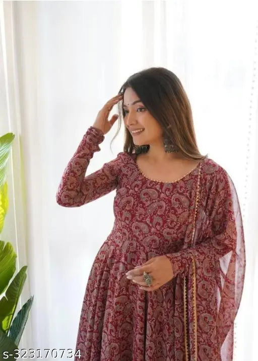 Georgette Women's Fancy Printed Gown with Long Sleeves, Indian designer anarkali outfit