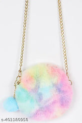 Multicolor synthetic round crossover Faether bag for girls, printed net pattern with free size and retro pearl chain