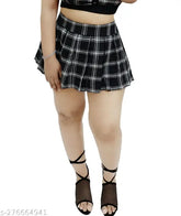 Black cotton twill checkered mini skirt, flattering skater style for girls and ladies casual wear, Korean-inspired design