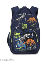 Blue polyester school backpack with dinosaur skeleton design, ideal for students Class 1-8, perfect daypack