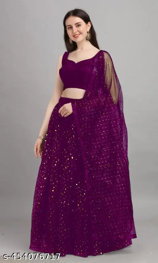Wine-colored Semi-Stitched Net Lehenga Choli Set (Sequin Bridal) featuring sleeveless blouse, flared lehenga, and dupatta. Indian traditional wear with solid and floral patterns