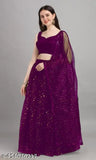 Wine-colored Semi-Stitched Net Lehenga Choli Set (Sequin Bridal) featuring sleeveless blouse, flared lehenga, and dupatta. Indian traditional wear with solid and floral patterns