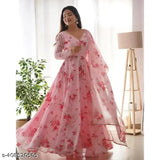 Silkonic floral printed organza kurti & dupatta set, long sleeves, vibrant Indian fashion accessory