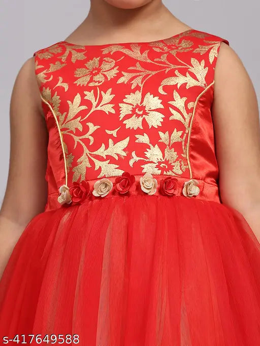 Rose red printed party dress, sleeveless net fabric for kids, India-made toy balloon design