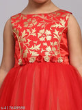 Rose red printed party dress, sleeveless net fabric for kids, India-made toy balloon design