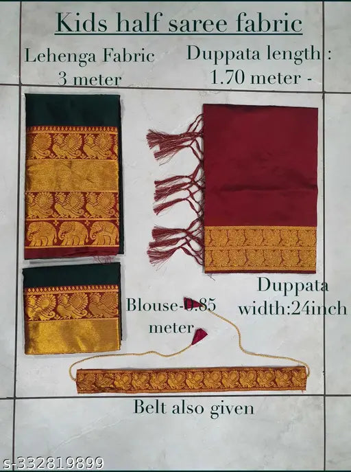 New Traditional Kids South Indian Style Half Saree in Litchi Silk, unstitched with zari work, free size, 2.4m dupatta length