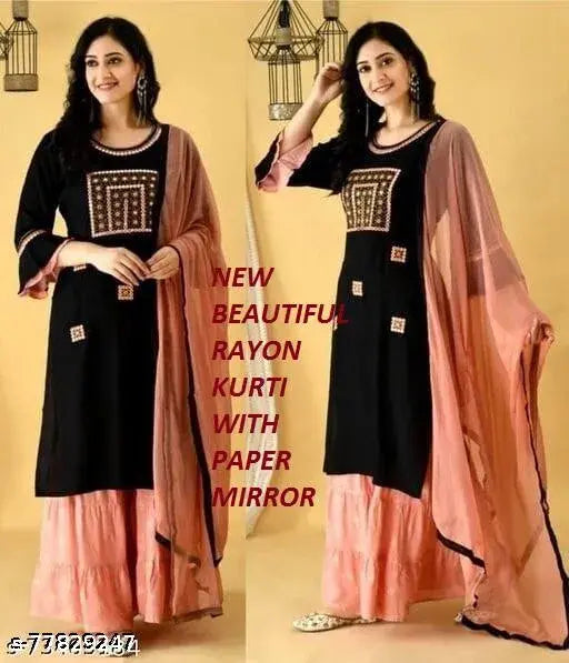 Rayon Charvi Ensemble women's kurta set with embroidered net dupatta and sharara, three-quarter sleeves in sizes M, L, XXL, XXXL, 4XL. Made in India
