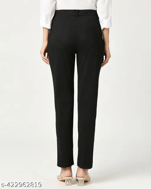 Black polycotton women's formal trousers by Saram Fashion, solid net design, suitable for various sizes from S to XXL