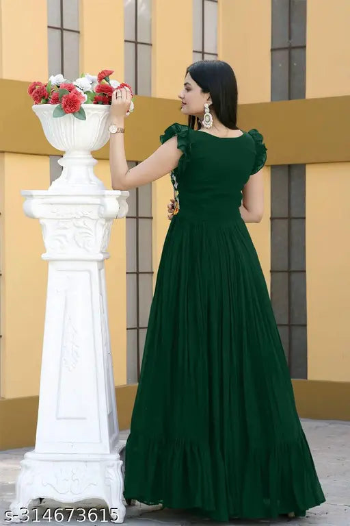 Georgette traditional ethnic long Anarkali gown and Maxi Dress with embroidery work, short sleeves, women's wear, Indian fashion