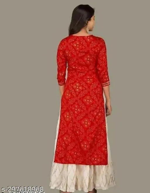 Red, long kurta with matching dupatta