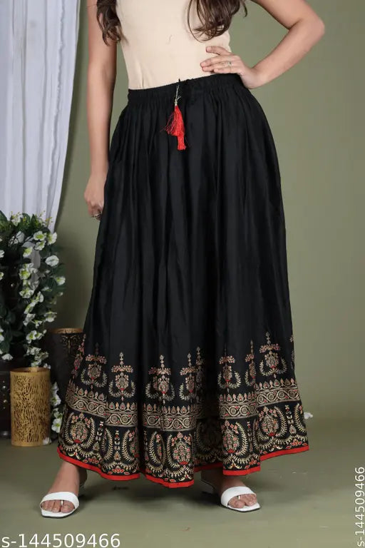 Gold floral print rayon skirt for women (30-38in waist, 42in length), Jaipuri design from India