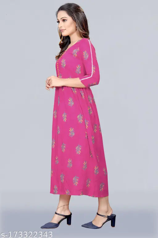 Rayon floral print calf-length Meesorra kurti, three-quarter sleeve for 4XL (bust 48in), Indian ethnic women's fashion