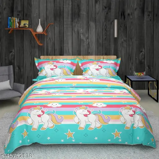 Alluring cotton unicorn-themed superfine flat sheets for double king bed, set includes 2 pillow covers, made in India