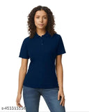 Navy cotton pique polo for women, short sleeves, solid design, Gildan Softstyle, breathable, Better Cotton Initiative