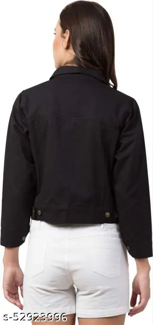 Denim black jacket, premium cotton-blend three-quarter sleeves, versatile for formal and casual wear
