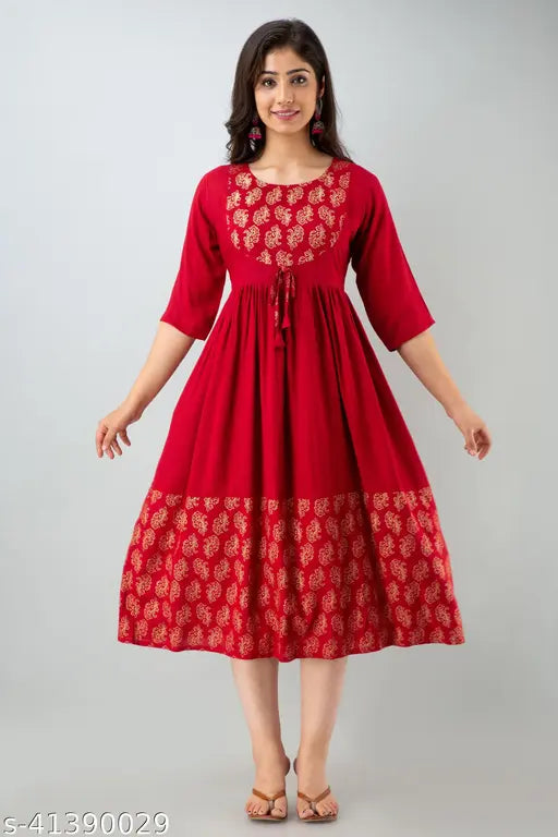 Red flared rayon printed kurta with three-quarter sleeves, Indian women's fashion