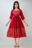 Red flared rayon printed kurta with three-quarter sleeves, Indian women's fashion