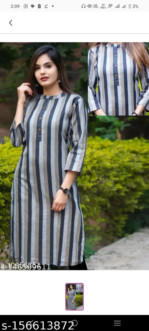 Blue striped cotton three-quarter sleeve kurti, Indian long version with six quality checks
