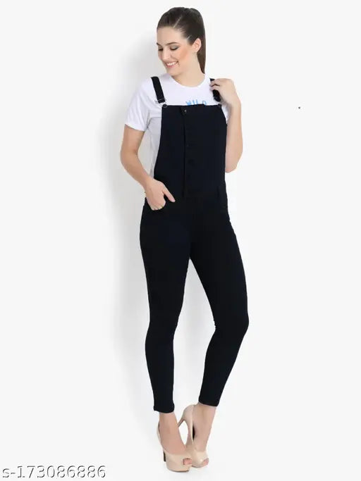 Navy blue denim dungaree, high-waist, short sleeves, solid pattern. Women's casual wear accessory, adjustable shoulder straps, perfect for outlet shopping