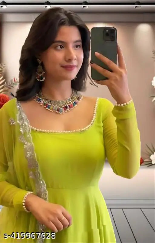 Georgette stitched parrot color anarkali gown with embroidery cut work dupatta, three-quarter sleeves. New arrival Indian brand concept full ghera dress