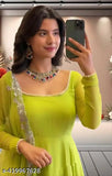 Georgette stitched parrot color anarkali gown with embroidery cut work dupatta, three-quarter sleeves. New arrival Indian brand concept full ghera dress