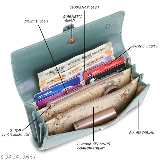 Light green faux leather women's clutch wallet purse, stylish design for girls, 4 compartments, free size (8x5 in)