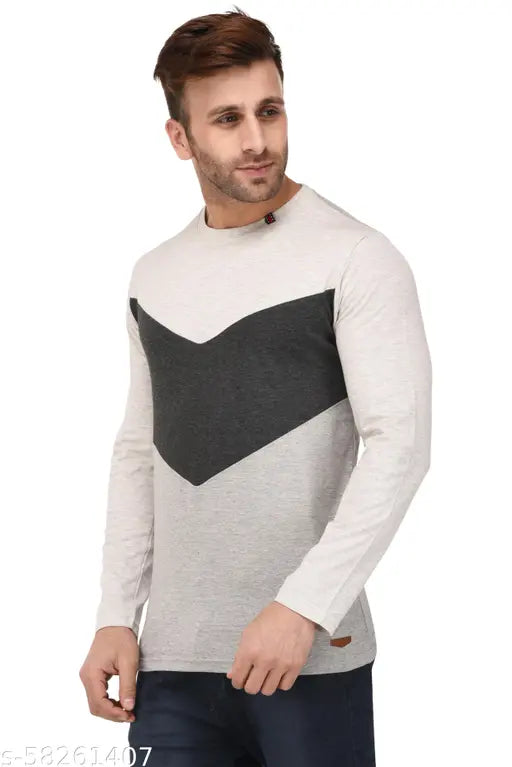 Grey cotton men's full sleeve paneled regular fit t-shirt, solid design - LtMel Charcoal Mel