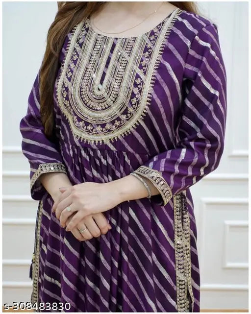 Embroidered Rayon Lahariya Nayra Cut Kurti, three-quarter sleeves, Indian ethnic wear for women