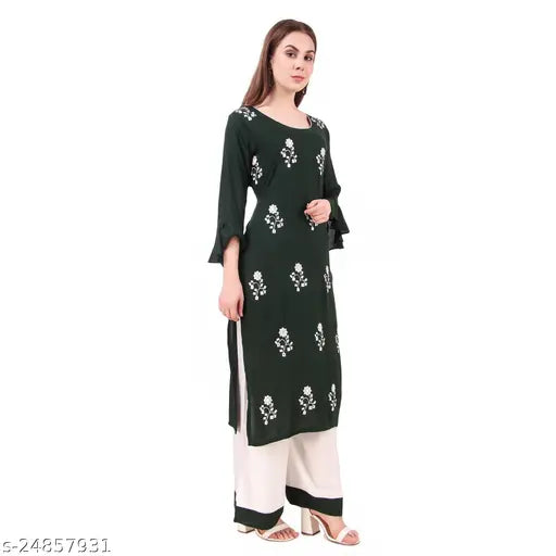 Rayon kurta set with palazzos, embroidered net pattern, three-quarter sleeves. Women's fashion, rayon fabric, Indian ethnic wear, size M to XXL