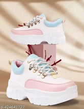 White synthetic sneakers with rubber sole, lace-up design for kids. Conquer your day in comfort with Posewalk casual shoes