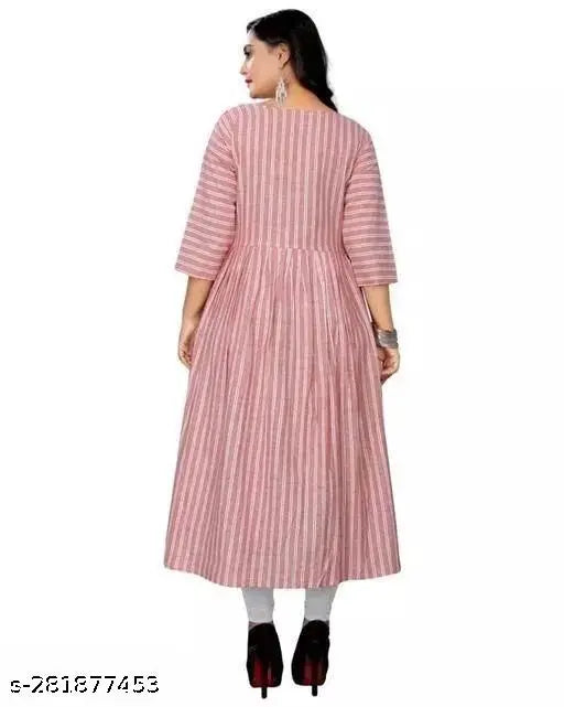 Striped cotton three-quarter sleeve women's kurta, casual or office wear in multiple sizes under 199