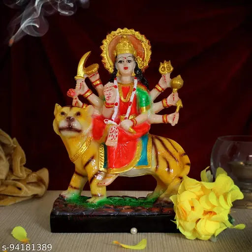 Multicolor marble finish poly resin Goddess Durga Mata statue, 12x7x16 cm. Indian divine art for home or office decor