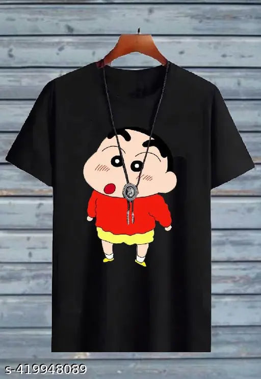 Regular fit black cotton blend men's cartoon round t-shirt, half sleeves, size S-XL