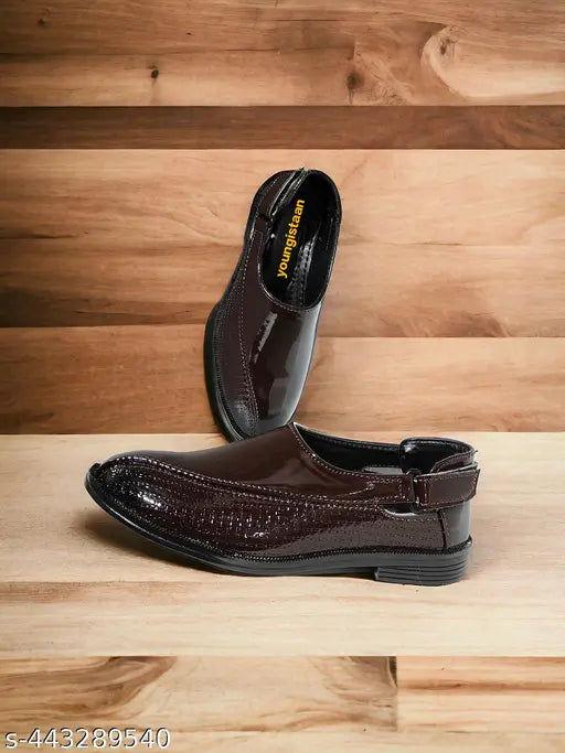 Trendy faux leather Peshawari partywear for kids in patent leather sole, closed back design. New kids range from Youngistaan shoes, prioritizing comfort, style, and durability