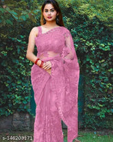 Indian free size net saree with embroidered pattern, attractive Aishani design