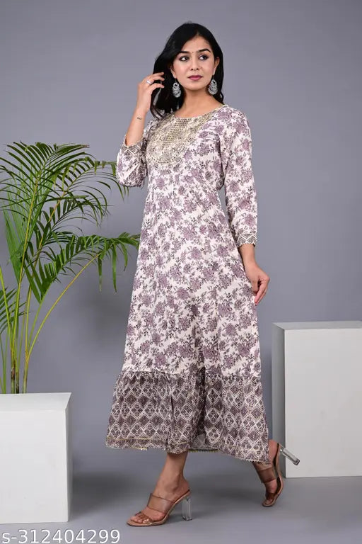 Rayon embroidered Anarkali kurti for women, three-quarter sleeve, printed combo, M (38 in bust), party wear, trending gown, India origin