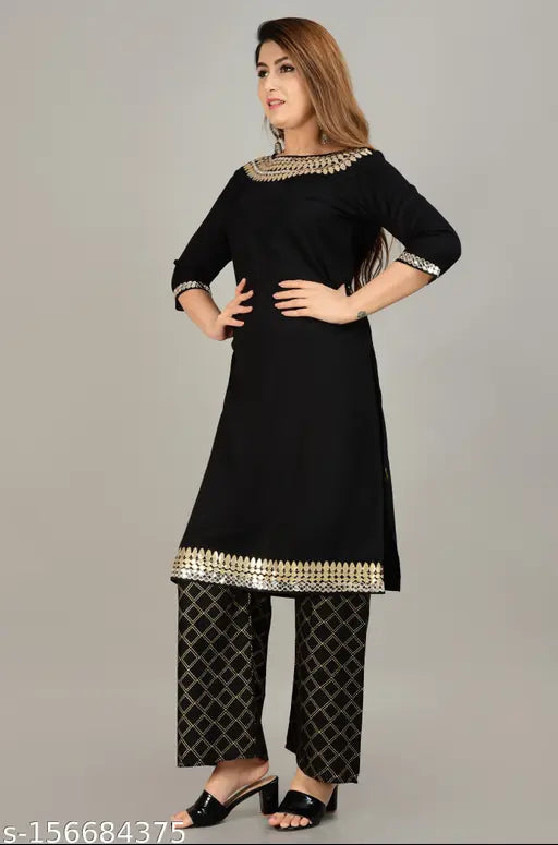 Rayon kurta set with palazzos, solid net design for women, three-quarter sleeves, India origin